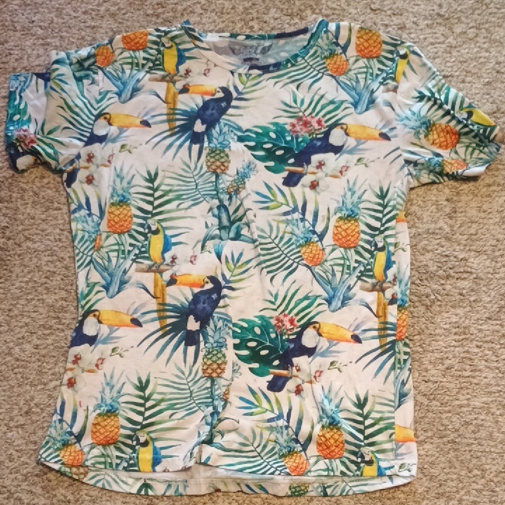 Tropical Toucan & Pineapple Print Tee - White/Green/Yellow